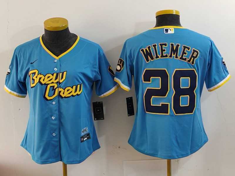 Womens Milwaukee Brewers #28 Joey Wiemer Blue 2022 City Connect Cool Base Stitched Jersey